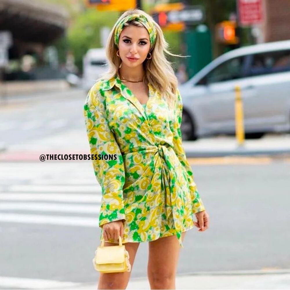 Zara NWT Green Yellow Tropical Wrap Mini Dress Resort Vacation S